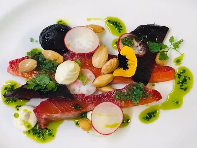 Beetroot cured Wiltshire sea trout, smoked almonds, roasted baby beets and a horseradish cream